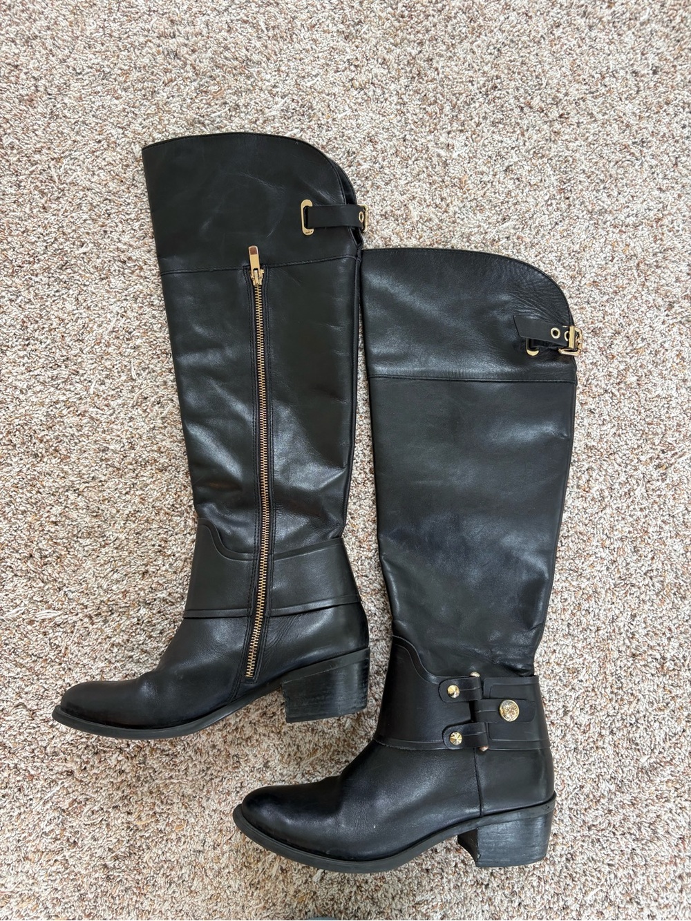 Vince Camino  8 GUC  Black Leather Over-the-Knee Riding Boots with Gold Hardware
